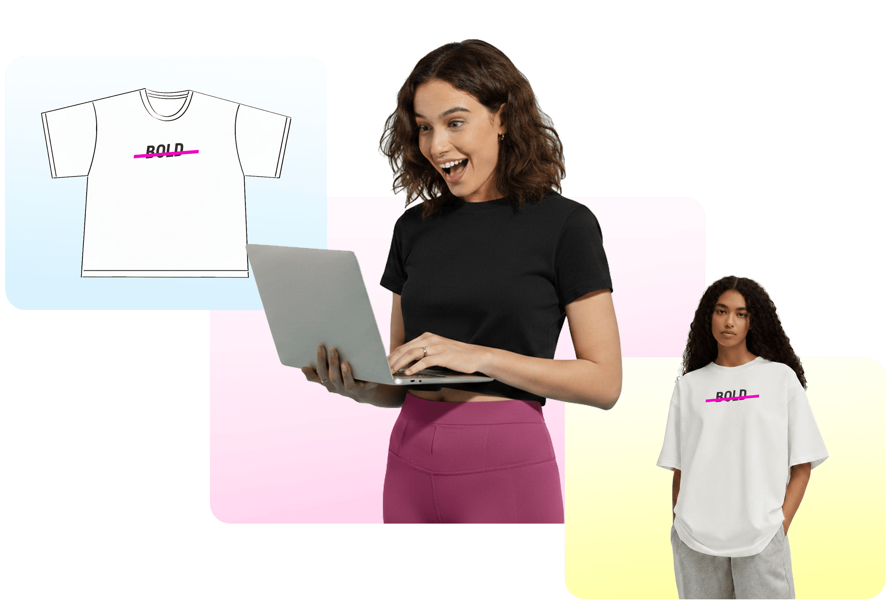 AI design and photoshoot: custom graphic on t-shirt and lifestyle photo of model wearing the design